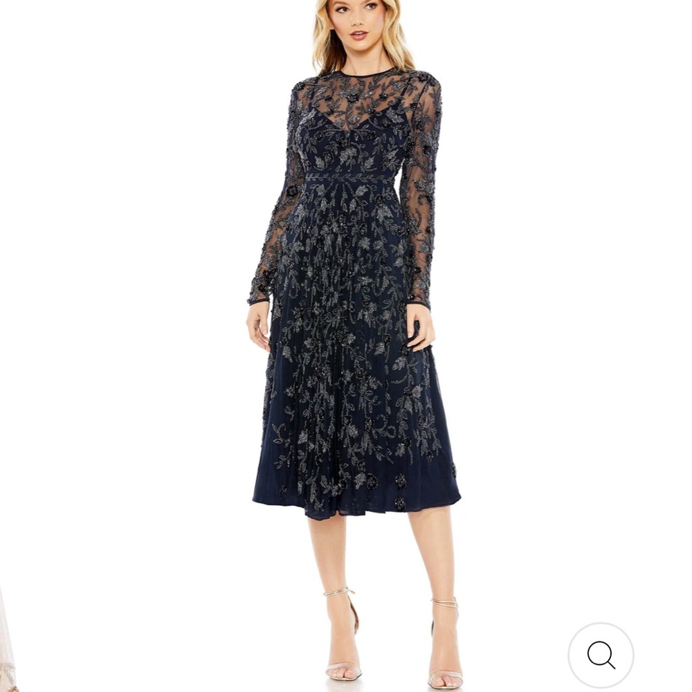 Mac Duggal 10799 Navy Beaded Illusion High Neck Long Sleeve A-Line Gown Sz 14